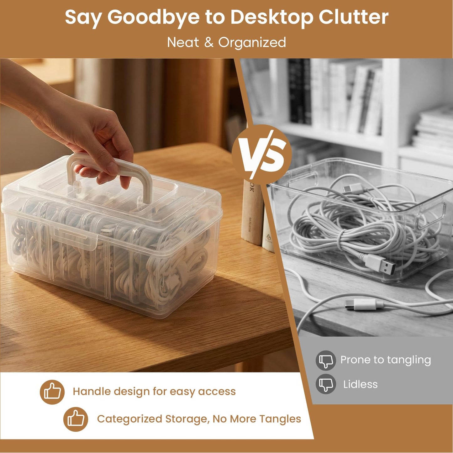 Portable Cord Organizer Box with Handle, 7 Clear Cable Storage Cases and Labels, Travel Cable Holder for Charging Cords, USB Wires, Earphones - Home