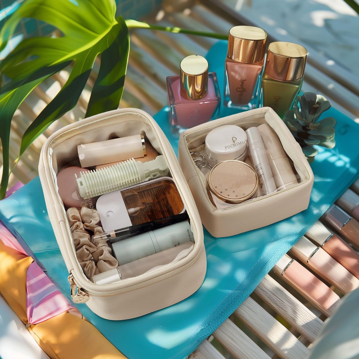 Pocmimut Mini Makeup Bag – Clear Travel Cosmetic Pouch, Toiletry Organizer for Women, Cute Purse & Car Accessories, Beige