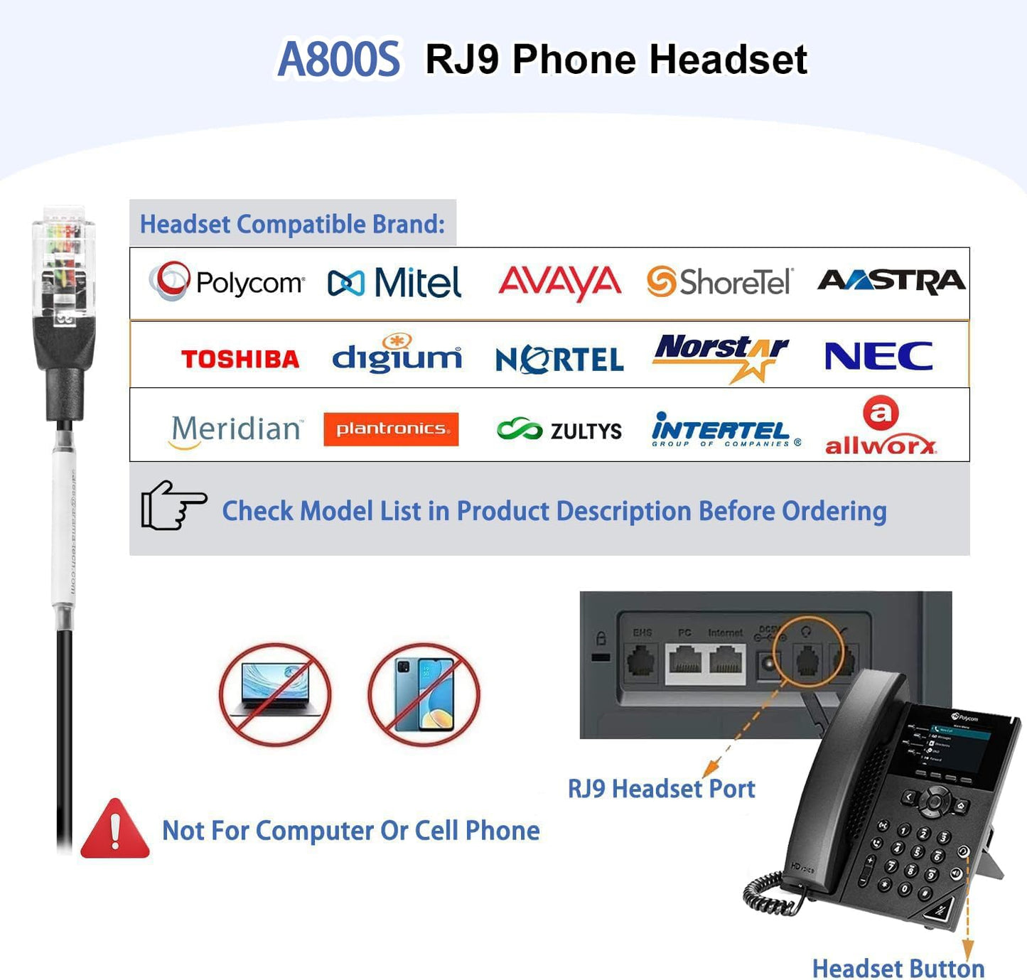 Arama Corded Telephone Headset Mono w/Noise Canceling Mic for Polycom Mitel Avaya Aastra Allworx Adtran Alcatel Lucent AltiGen Comdial Digium Gigaset