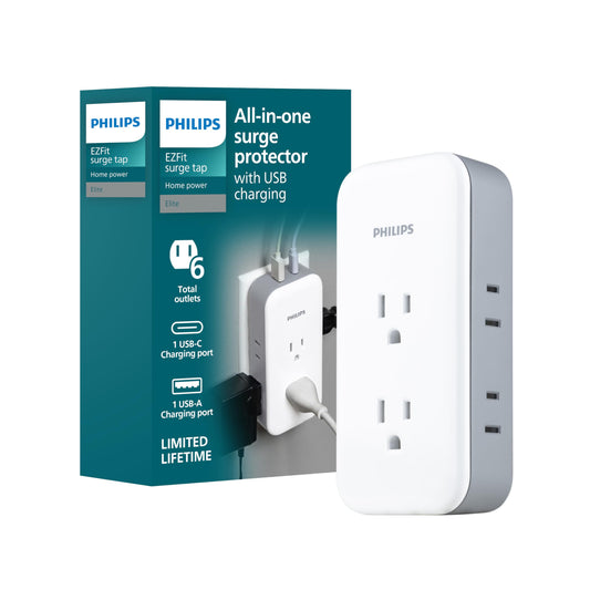 Philips All-in-One Surge Tap with USB, 2 Grounded & 4 Polarized Outlets, 1 USB-C & 1 USB-A Port (15W Shared), 490 Joules, ETL Certified, White/Gray