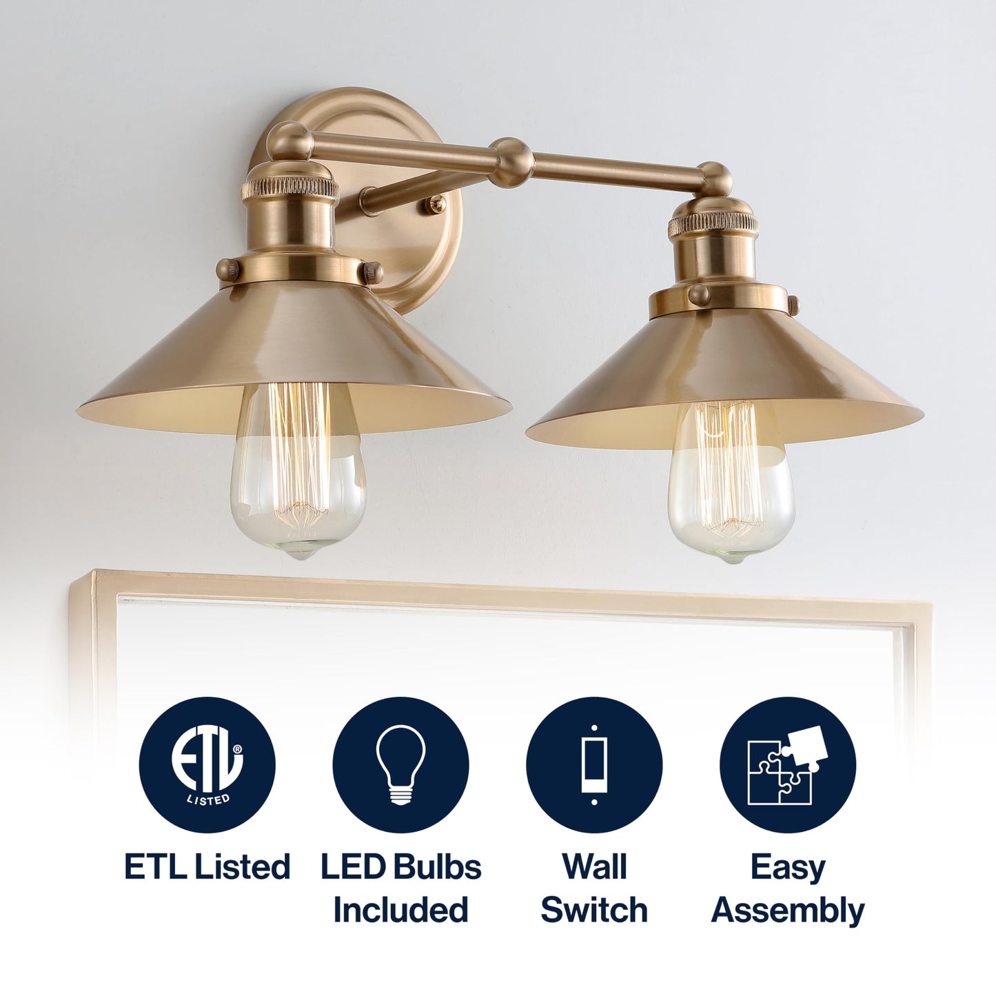 JONATHAN Y 17.5" Brass Gold 2-Light Industrial Farmhouse Metal Vanity Light Wall Sconce, Metal Shade for Bathroom Mirror, Kitchen, Entryway, LED Bulb
