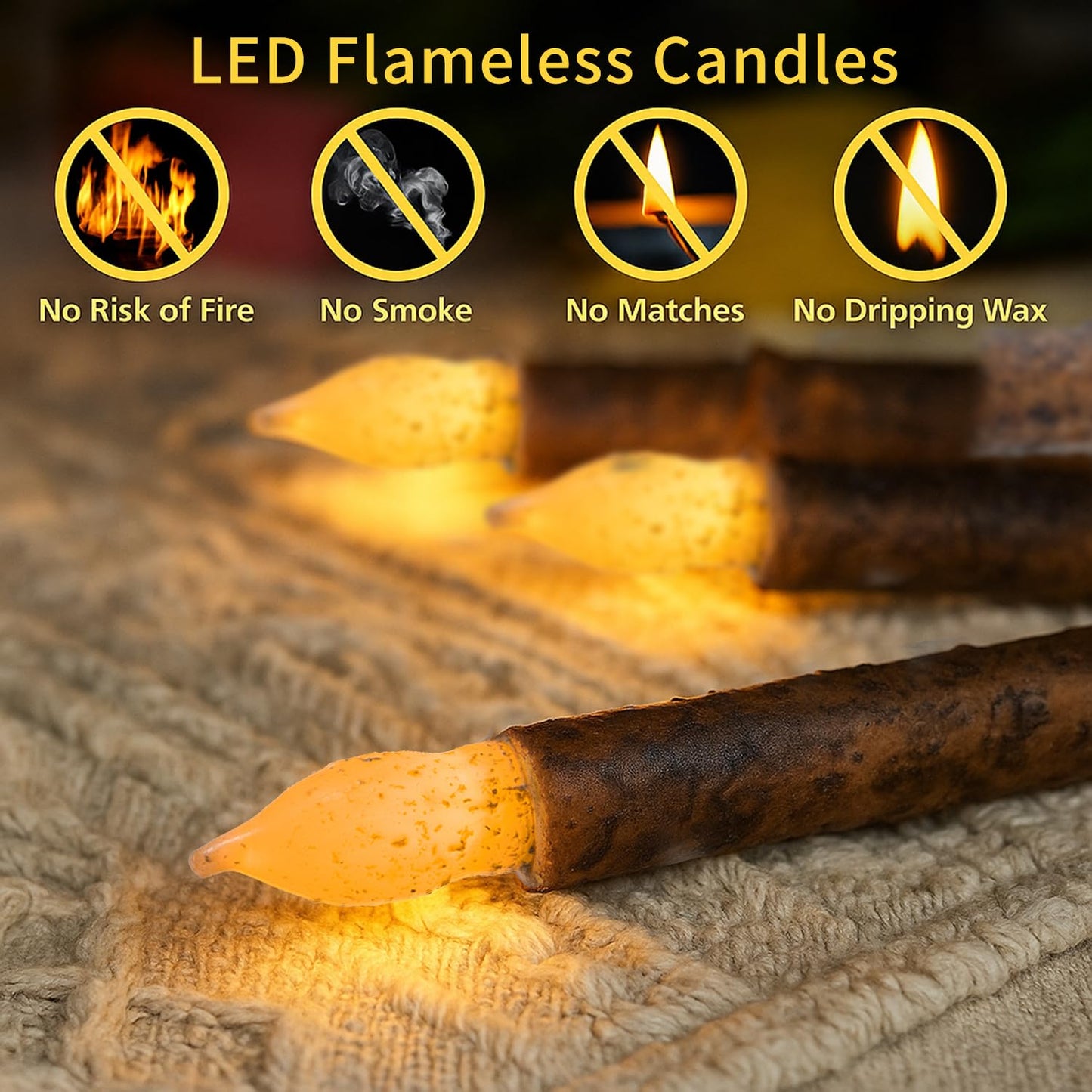 Aulaygo 6.5'' Real Wax Taper Primitive Candles Battery Operated 6 Packs Electric Flickering Flameless Candle for Country Room Dining Table Window