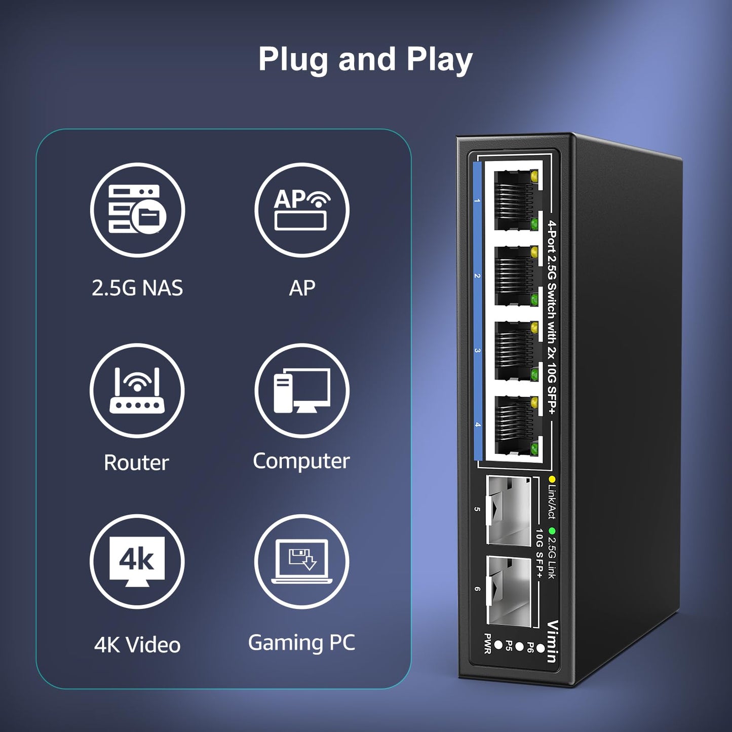 6 Port 2.5G Unmanaged Network Switch, VIMIN 4X 2.5Gbase-T Ports, 2X 10G SFP+ Port, 60Gbps Switching Capacity, IEEE802.3, Metal Housing, Fanless, Work