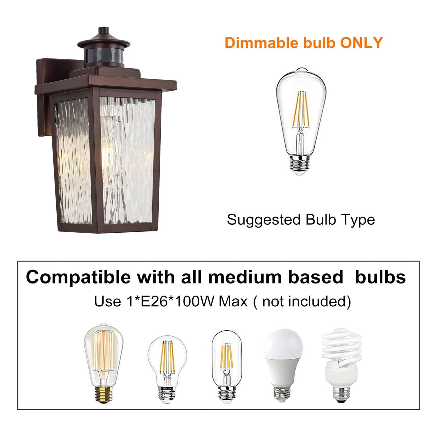 ACLand Oil Rubbed Bronze Motion Sensor Exterior Wall Lantern, Dusk to Dawn Outdoor Lighting with Clear Water Glass and E26 Base Socket, 12" Outside