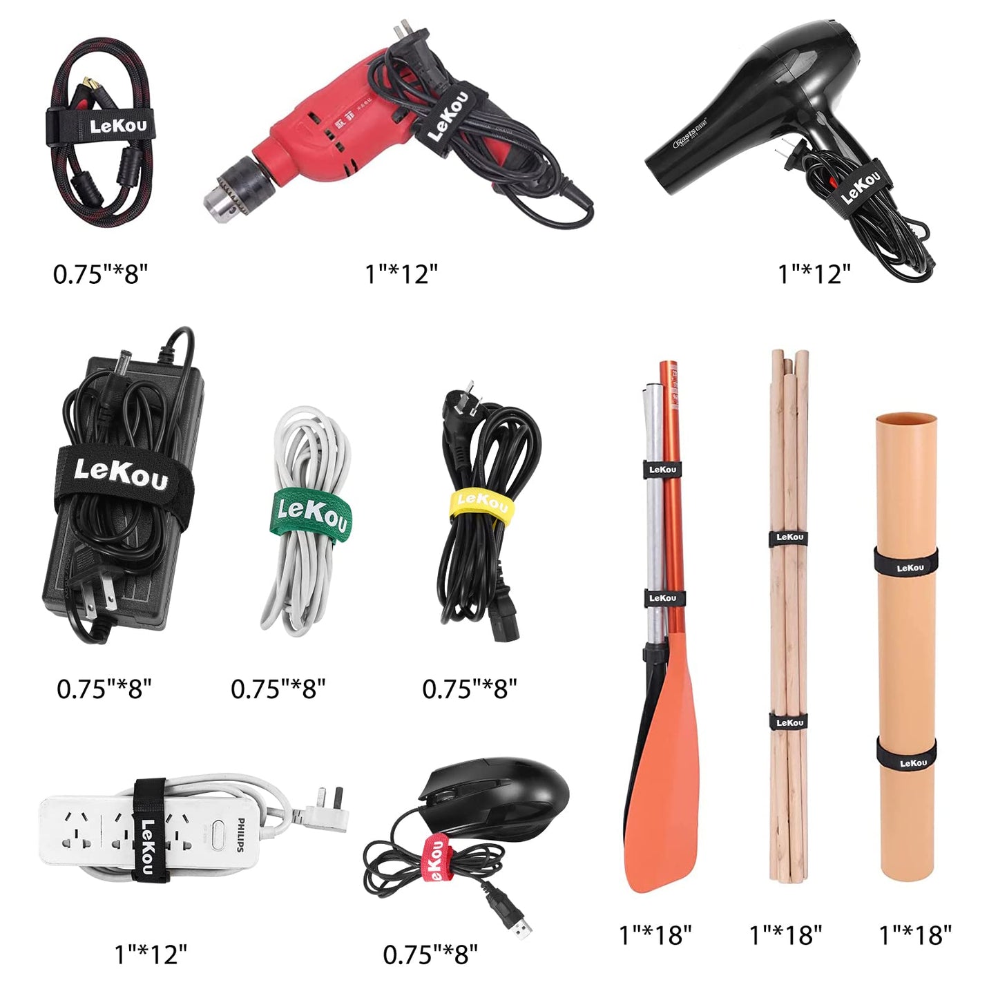 Lekou Reusable Fastening Cable Securing Straps and Cable Ties, 20 Pack (8" 12" 18") Nylon Adjustable Fastening Hook and Loop Straps Mixed Color