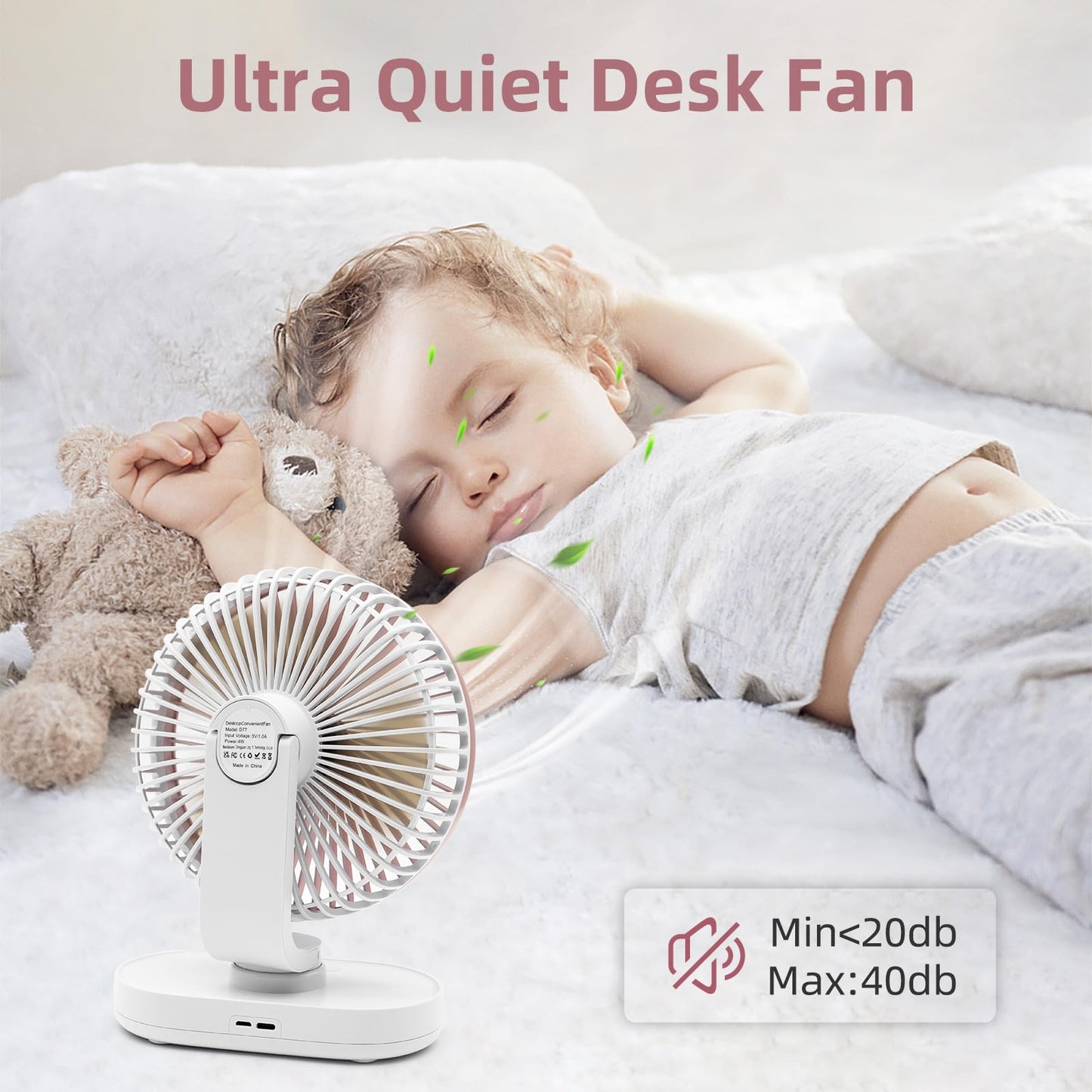 Small Oscillating Fan for Bedroom, 4000mAh Battery Powered Rechargeable Fan, 90° Vertical Manual and 120° Oscillating Desk Fan, 4 Speeds Air