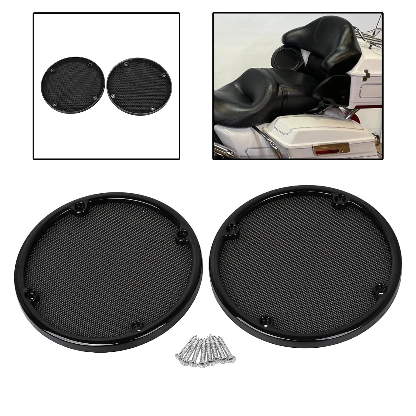 SHMTOOL Black Rear Speaker Trim Grill Cover for Harley Touring Electra Glide FLHTC 1996-2013 Street Glide FLHX 2006-2013, ABS Plastic Trim Ring+Metal