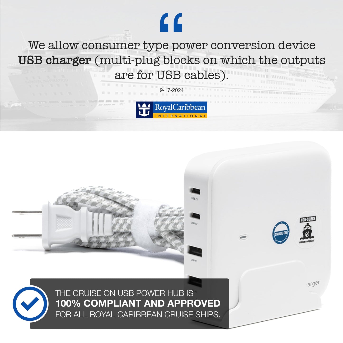 Cruise Approved Power Strip (incl Royal Caribbean, Disney, MSC, Celebrity) - Non Surge USB Charger [2 USB, 2 USB-C] 4 Port Charging, 3.8ft Cord