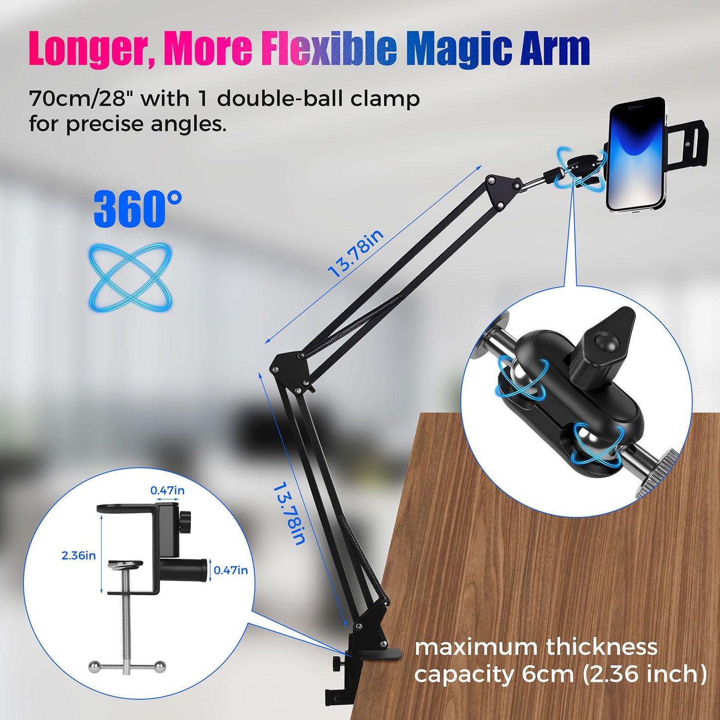ellrkr 30" Magic Arm Holder w Clamp - Overhead Phone Mount for Desk, Smooth 360° 1/4" & 5/8" Thread Webcam Stand for Phone, Tablet, Webcam, Mic