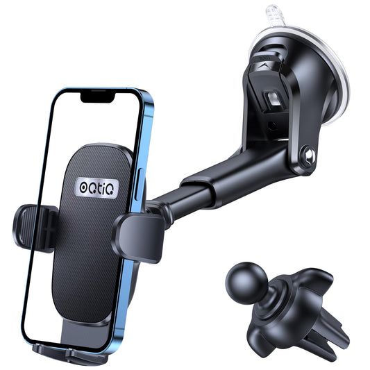 OQTIQ 3-in-1 Car Phone Mount for Dashboard, Windshield & Air Vent - Strong Suction Cup Holder with Adjustable Arm & 360° Rotation - Universal Car Cell