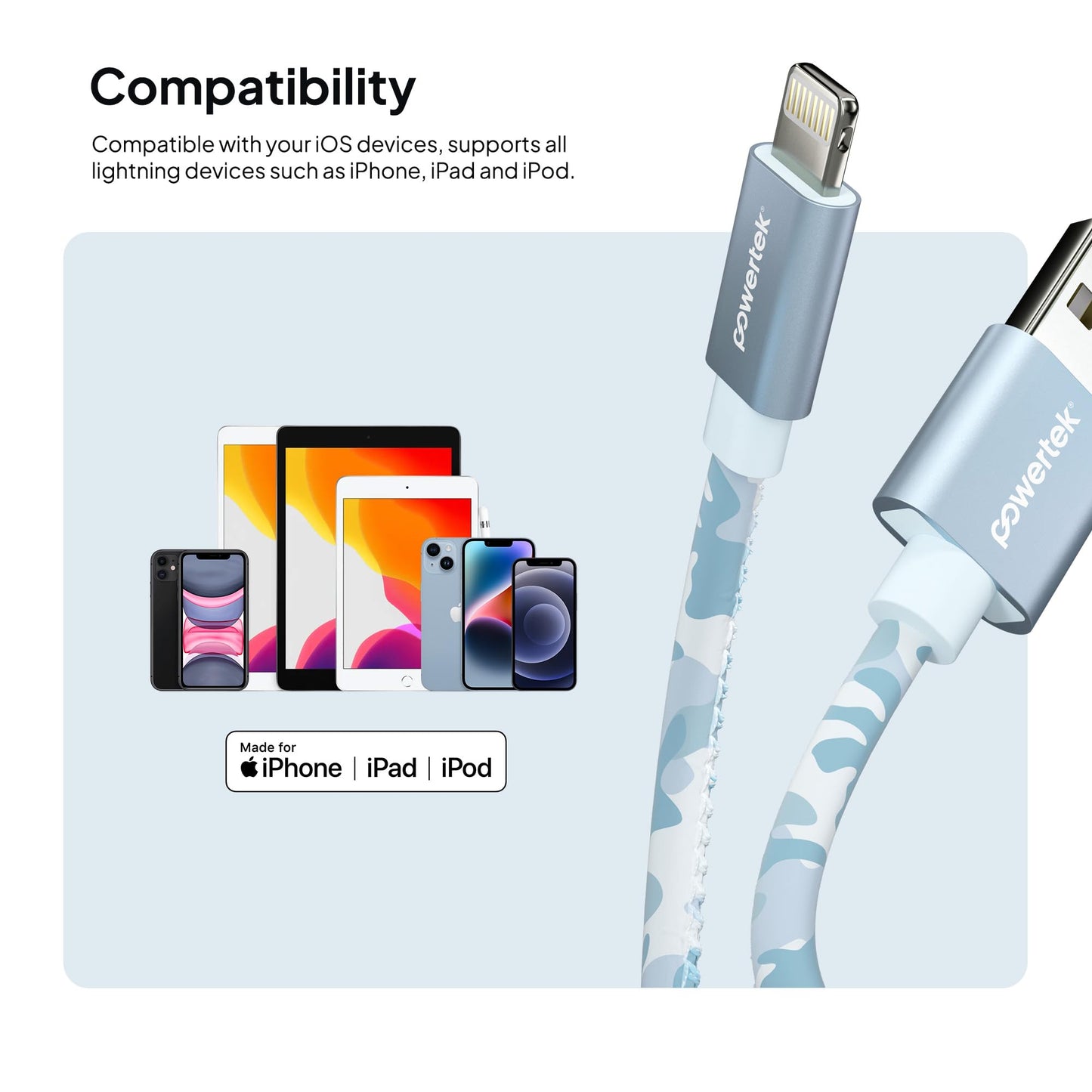 LIQUIPEL Powertek Camo MFi Certified USB to Lightning Charger, 6ft Cable Compatible for iPhone, iPad, and More (Blue)