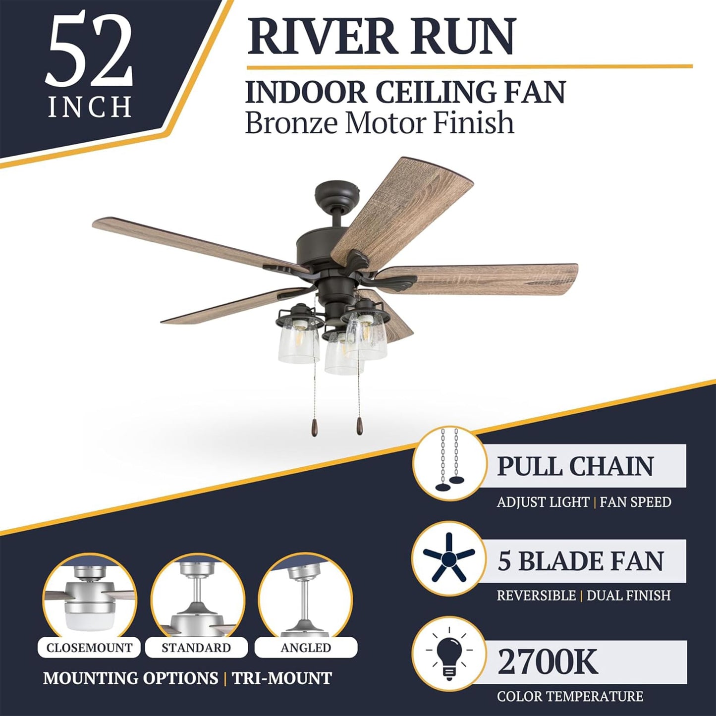 Prominence Home River Run 52 Inch Ceiling Fan with LED Light, Pull Chain Control, 5 Blades with Reversible Motor and Tri-Mount Options, Bronze