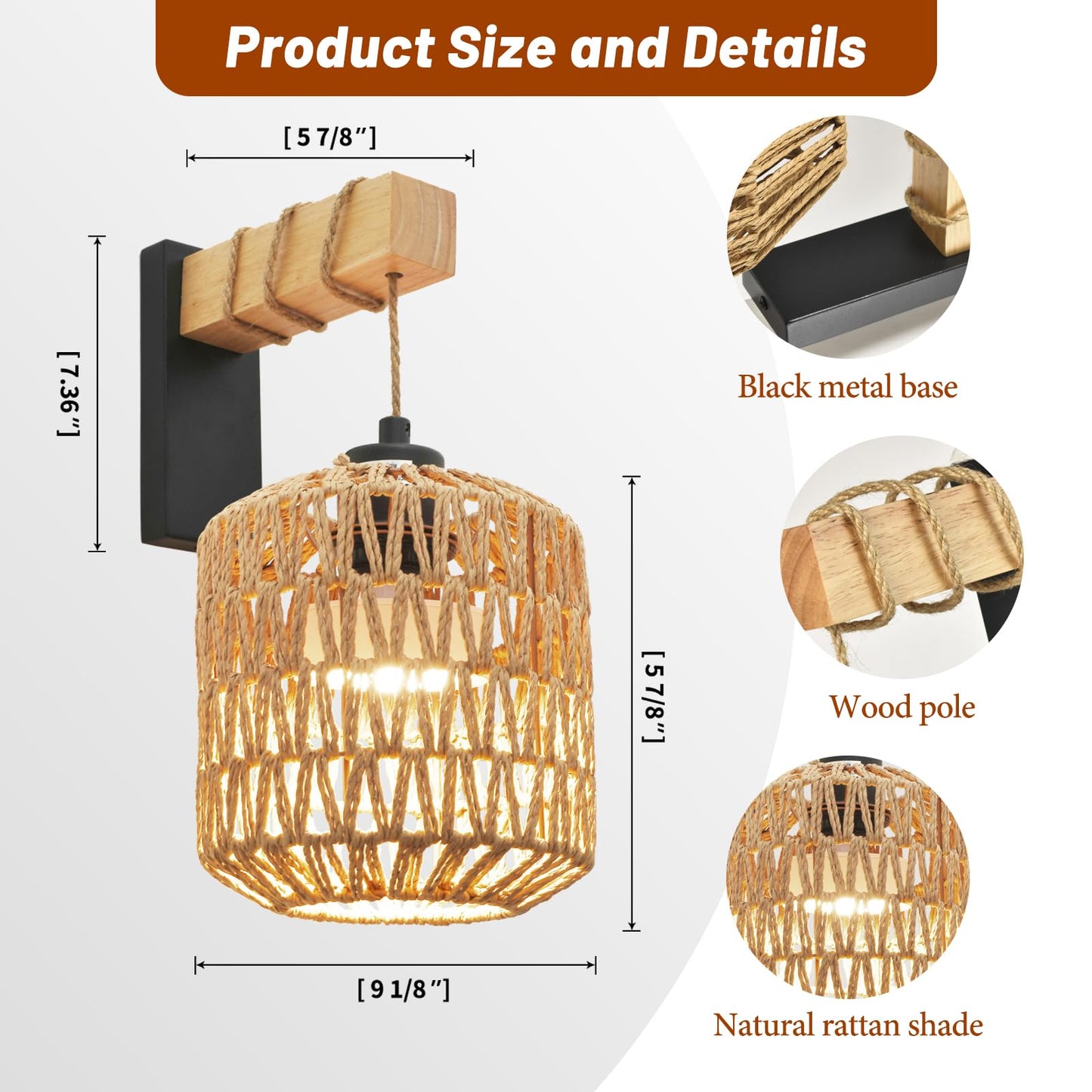NOVCAND Boho Battery Operated Wall Sconce Set of Two, Rattan Cordless Wall Sconces with Remote,Wireless Sconces Set of 2 for Bedroom,Living