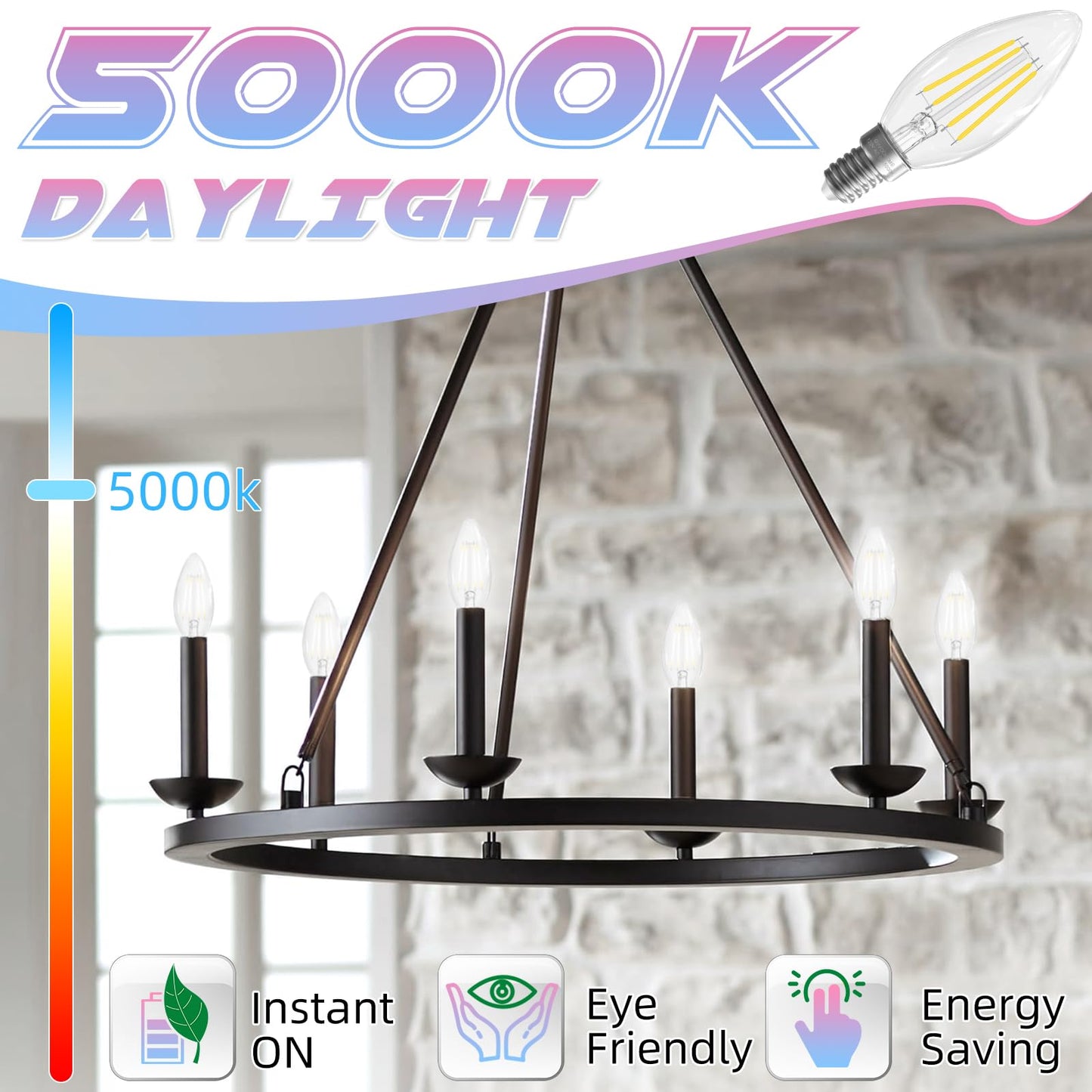 Candelabra Light Bulbs 5000K Daylight, 60W Equivalent, E12 LED Bulb