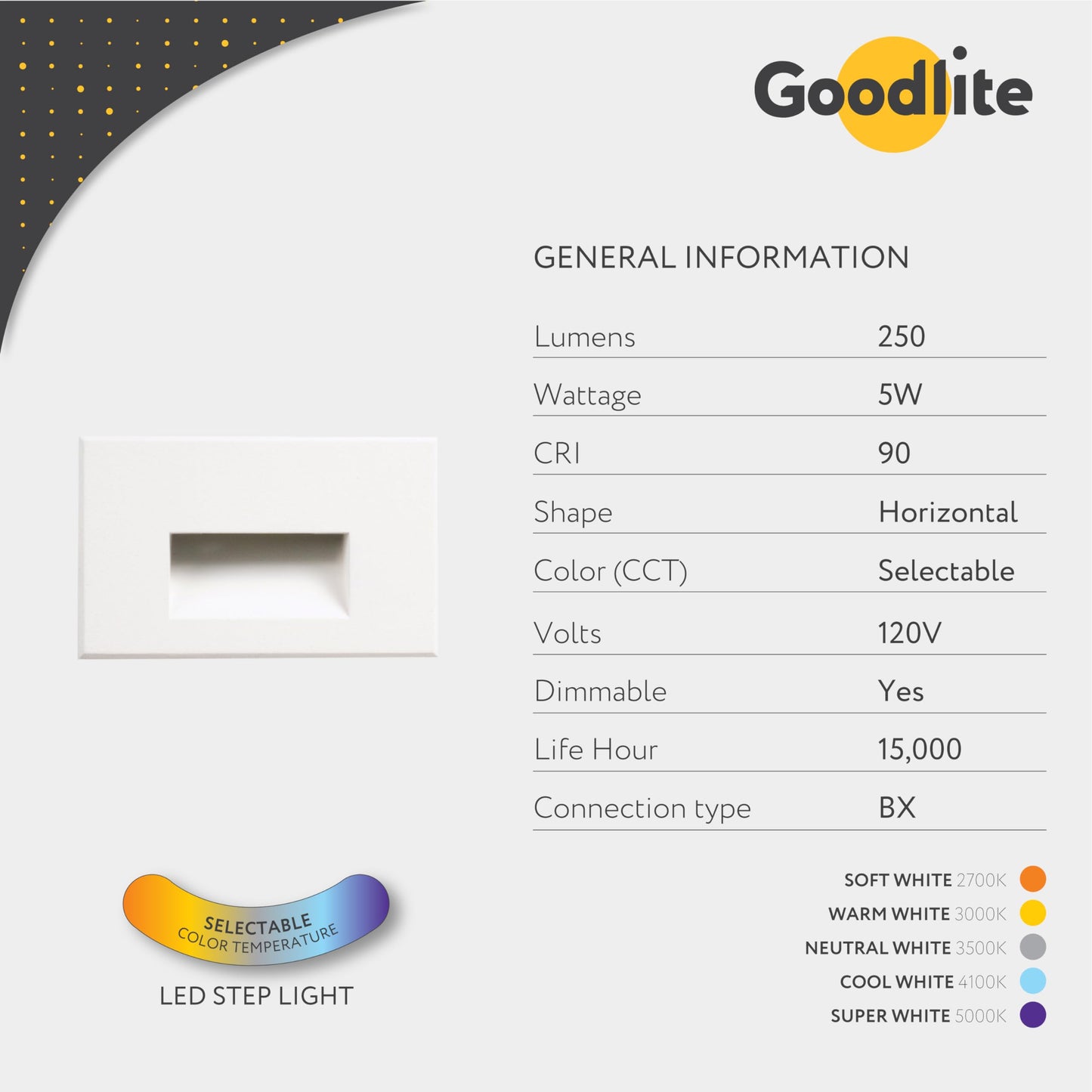 Goodlite Horizontal White LED Step Light, 5W, 250 Lumens - 5 Color Selectable 27k-30k-35k-41k-50k, Dimmable, Indoor & Outdoor Use, Wet Rated IP65