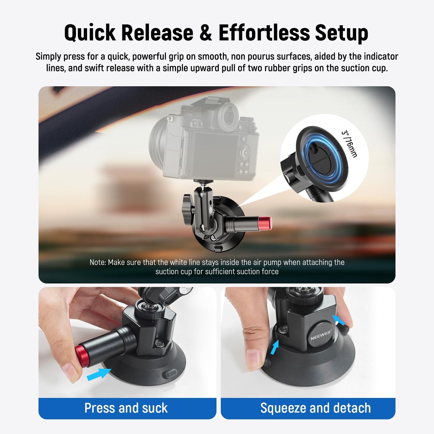 Neewer 3" Suction Cup Camera Mount Bracket with Ball Head Magic Arm, 1/4" ARRI Holes, Quick Release Car Mount with Phone Holder & Action Cam Adapter