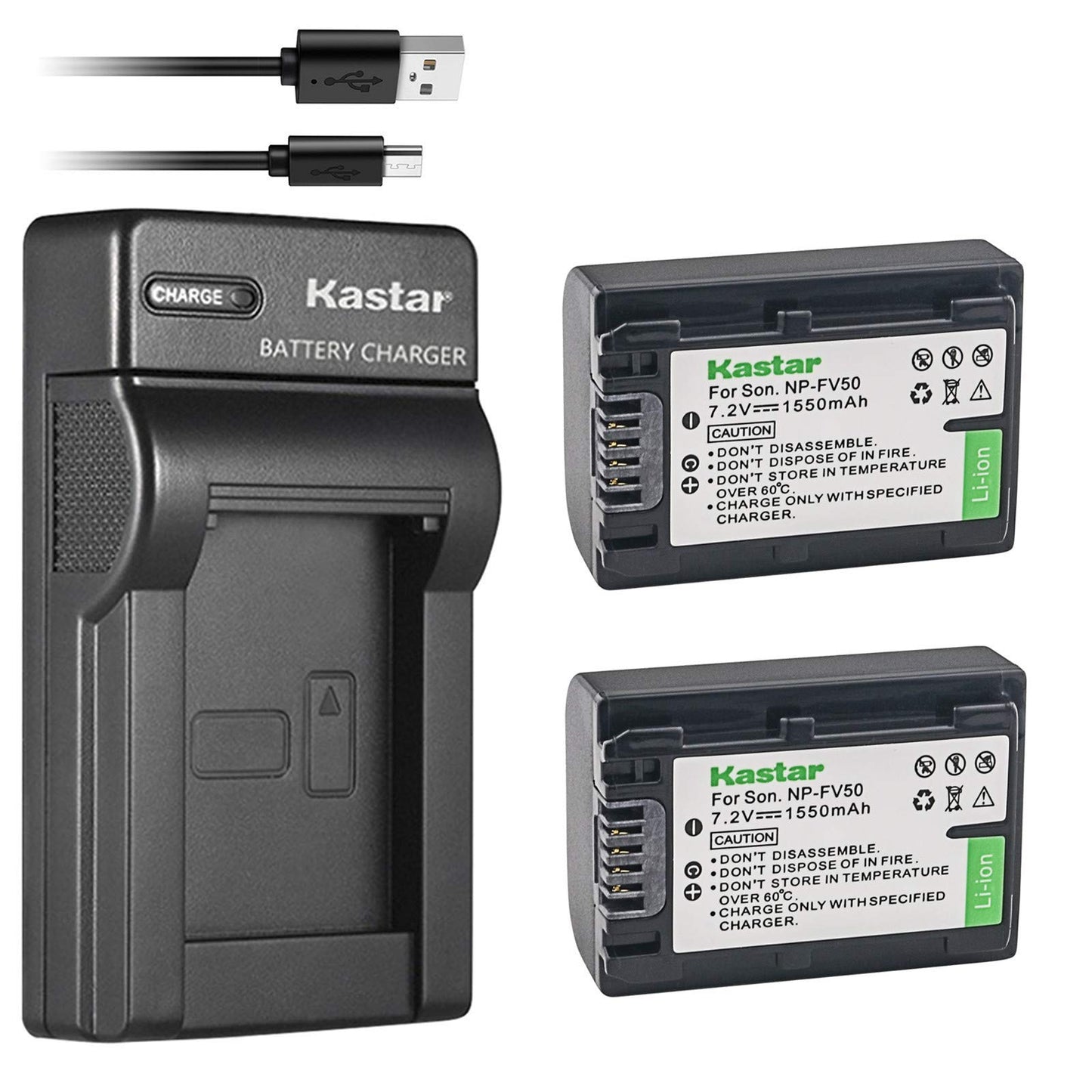 Kastar Battery (X2) & Slim USB Charger Replacement for Sony NP-FV50 NP-FV40 NP-FV30 and CX220 CX230 CX290 CX330 CX380 CX430V CX900 PJ200 PJ230 PJ340