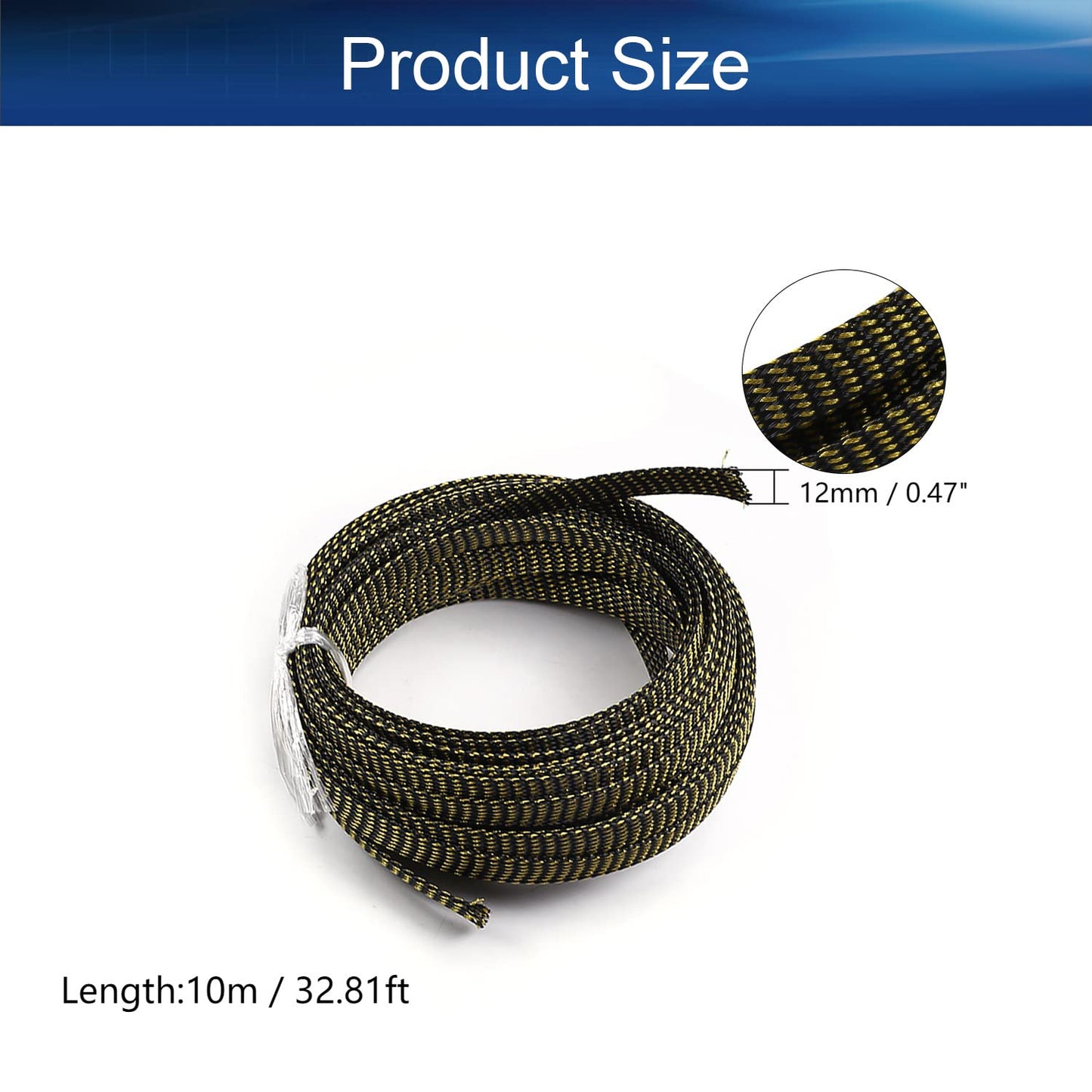 Bettomshin 1Pc 32.8Ft(10m) Cable Management Sleeve, 1/2"(12mm) Width PET Black & Gold Cord Protector, Wire Loom Tube Insulated Split Sleeving for USB