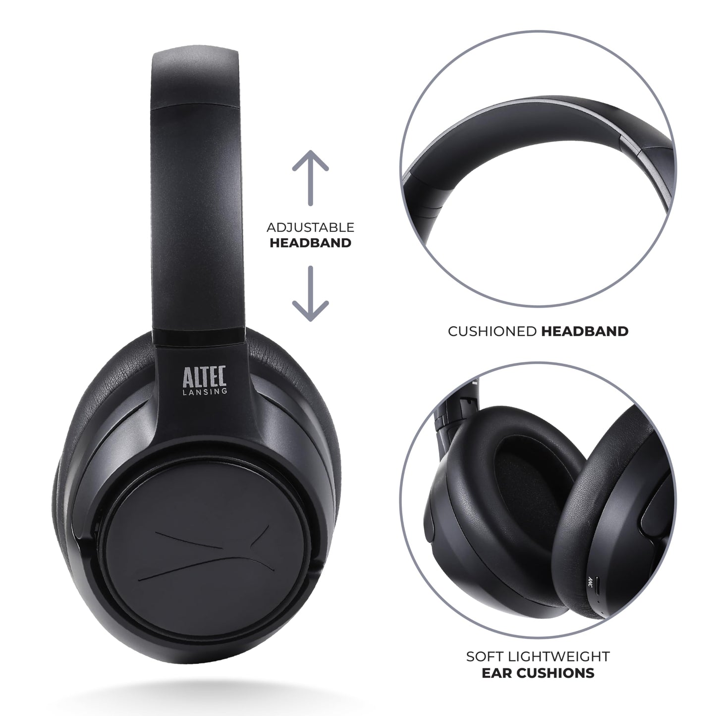 Altec Lansing Comfort Pro Over Ear Bluetooth Headphones, Wireless Noise Cancelling Headphones with ENC, Spatial Audio, 60H Battery, Foldable, Super
