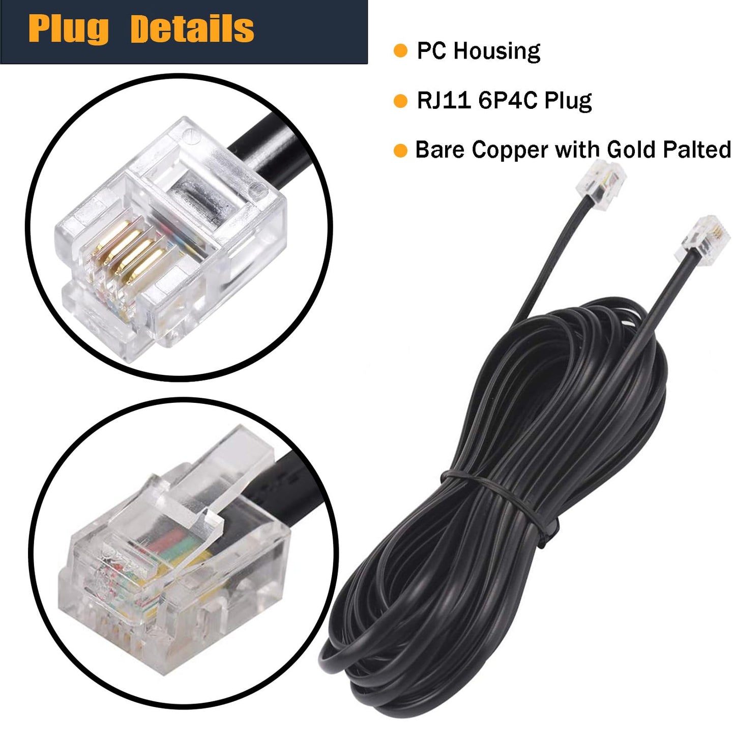 YIENFBEV 15FT Telephone Extension Cord Cable, Landline Phone Line Wire with RJ11 6P4C Plugs, Includes Cable Clips - Black - 2 Pack