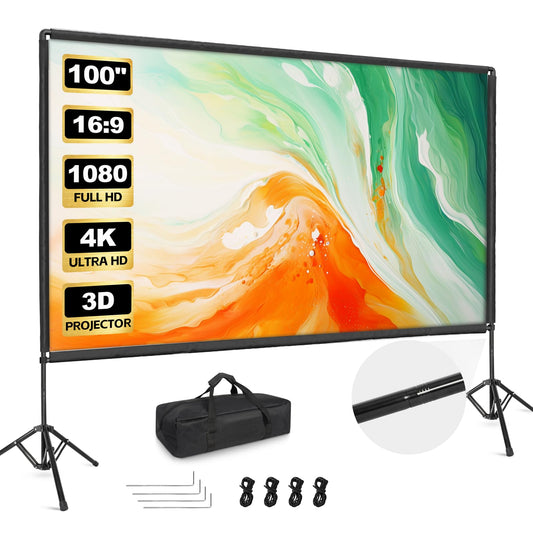 Projector Screen with Stand, 100 inch Portable Projector Screen Stand with Elastic Rope Bar, Outdoor Indoor 16:9 4K HD Wrinkle-Free Front Rear