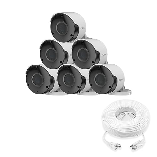 Wisenet SDC-89445BF/89447BF 5MP CCTV Surveillance Weatherproof Bullet Security Camera 82ft IR Distance Plastic Housing 3.6mm Lens 104° Wide Angle (Six
