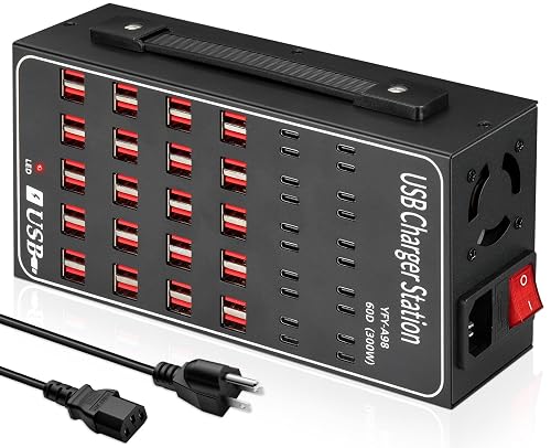 Multiple USB Charging Station 60 Port (40 USB A & 20 USB~C Port), MIXILIN 300W(60A) Fast Charger Station with Power Switch, Desktop USB~C Charger