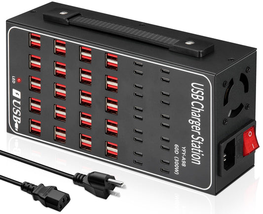 Multiple USB Charging Station 60 Port (40 USB A & 20 USB~C Port), MIXILIN 300W(60A) Fast Charger Station with Power Switch, Desktop USB~C Charger