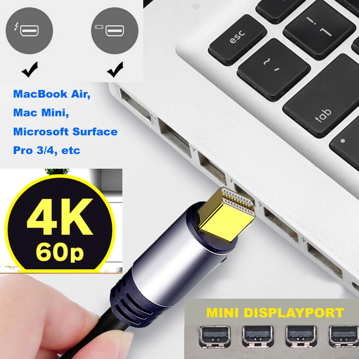YOTETION 50FT Long Mini DisplayPort to HDMI Cable, 4K60Hz, Black, 1 Count, Male-to-Male, Compatible with MacBook Pro/Air, iMac, Microsoft Surface