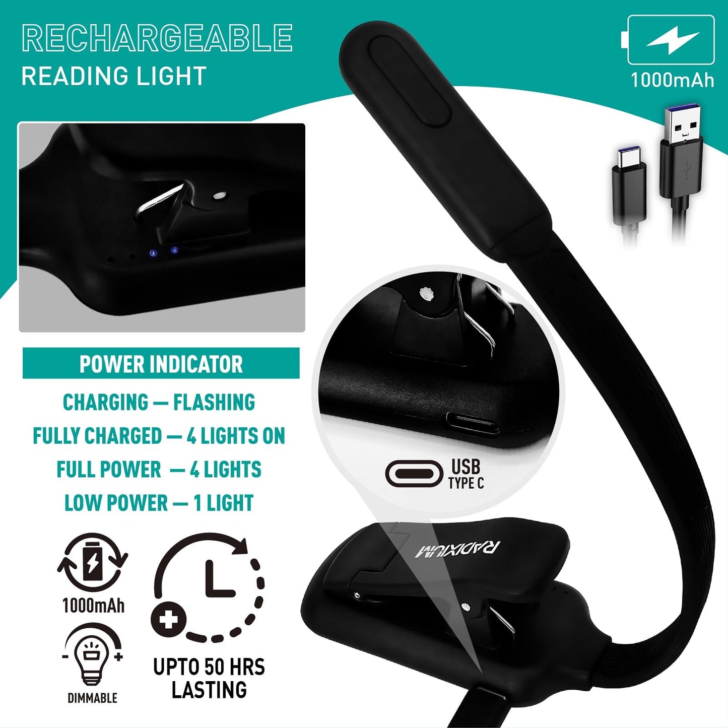 RADIXIUM Rechargeable Book Light for Reading - 9LED Eye-Caring Clip Light w/ 9 Color Temp, Stepless Dimming, 50H Battery, USB-C, Ultra Slim - Gift