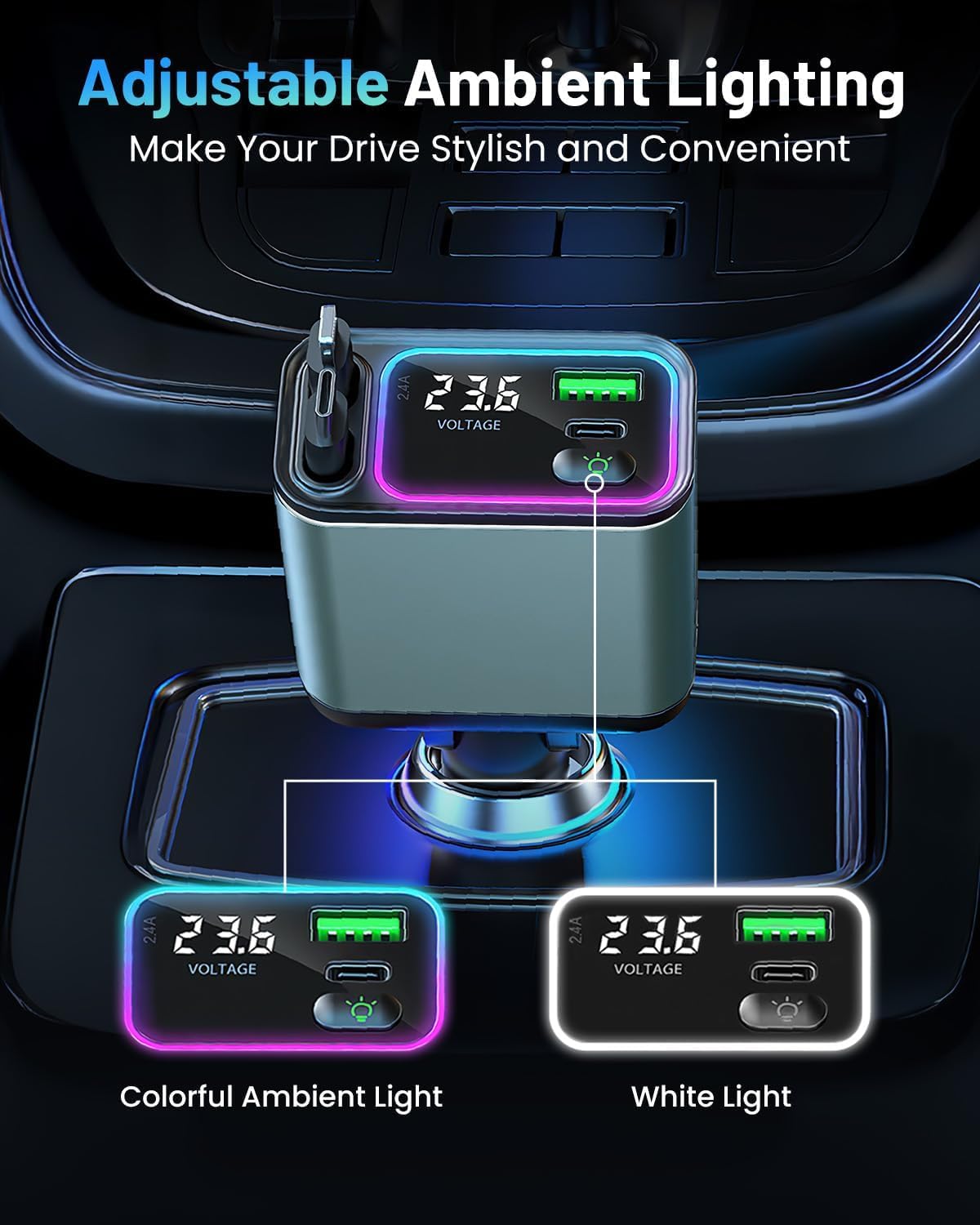 TRON 4 in-1, USB C Car Charger 65W,Retractable Cables (2.6Ft) and 2 USB Ports Car Charger Adapter,USB-C & USB-L Cable,Quick Charge for Android