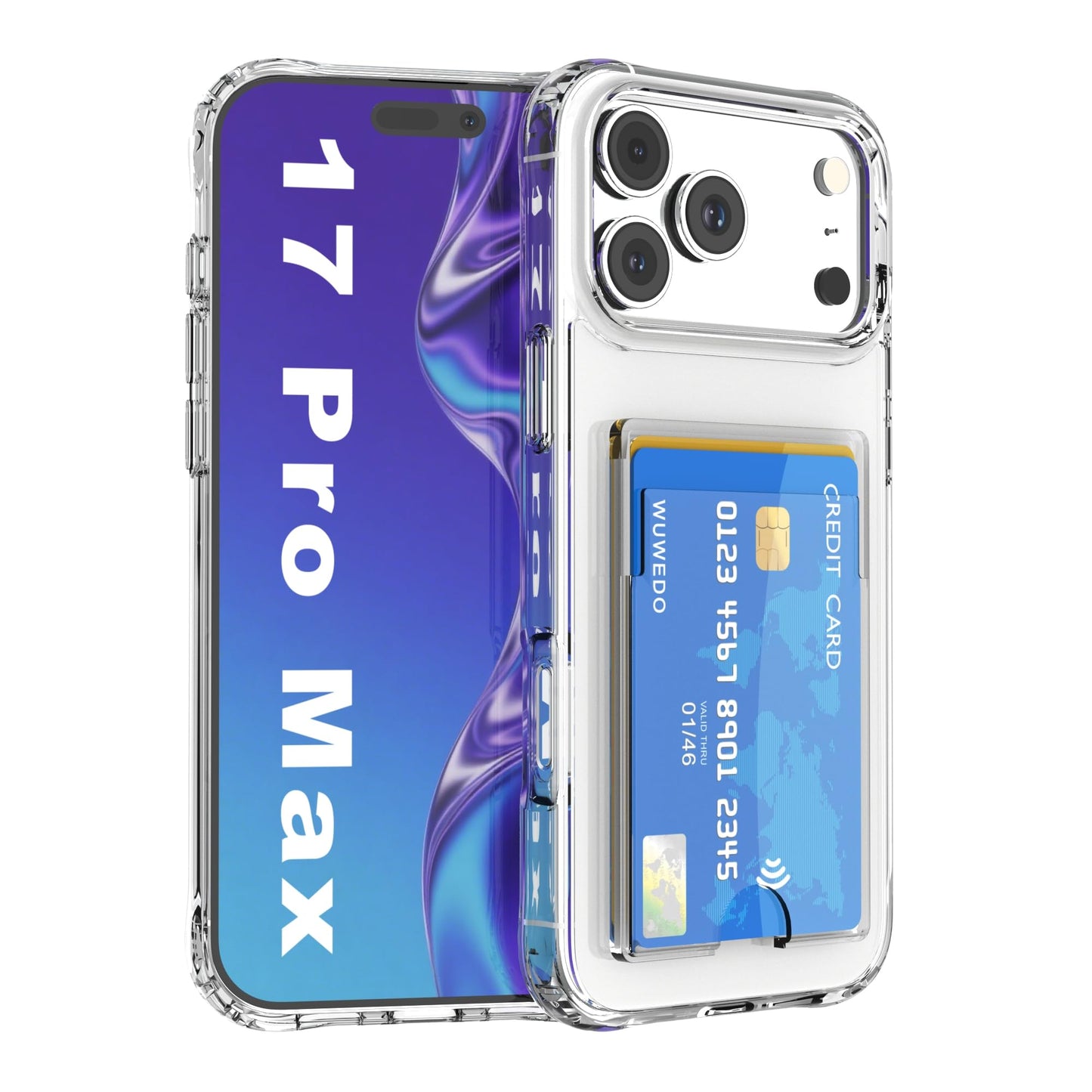 Wuwedo for iPhone 17 Pro Max Clear Slim Wallet Case, Holds 1-2 Cards, Anti-Yellowing, Hybrid Protective Phone Case with Card Holder, 6.9" 2025