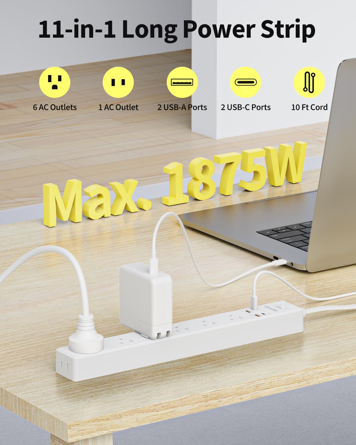 10 Ft Power Strip Surge Protector - 7 Outlets 4 USB Ports (2 USB C), Ultra Thin Flat Extension Cord & Flat Plug, 1700 Joules, Wall Mount, Desk