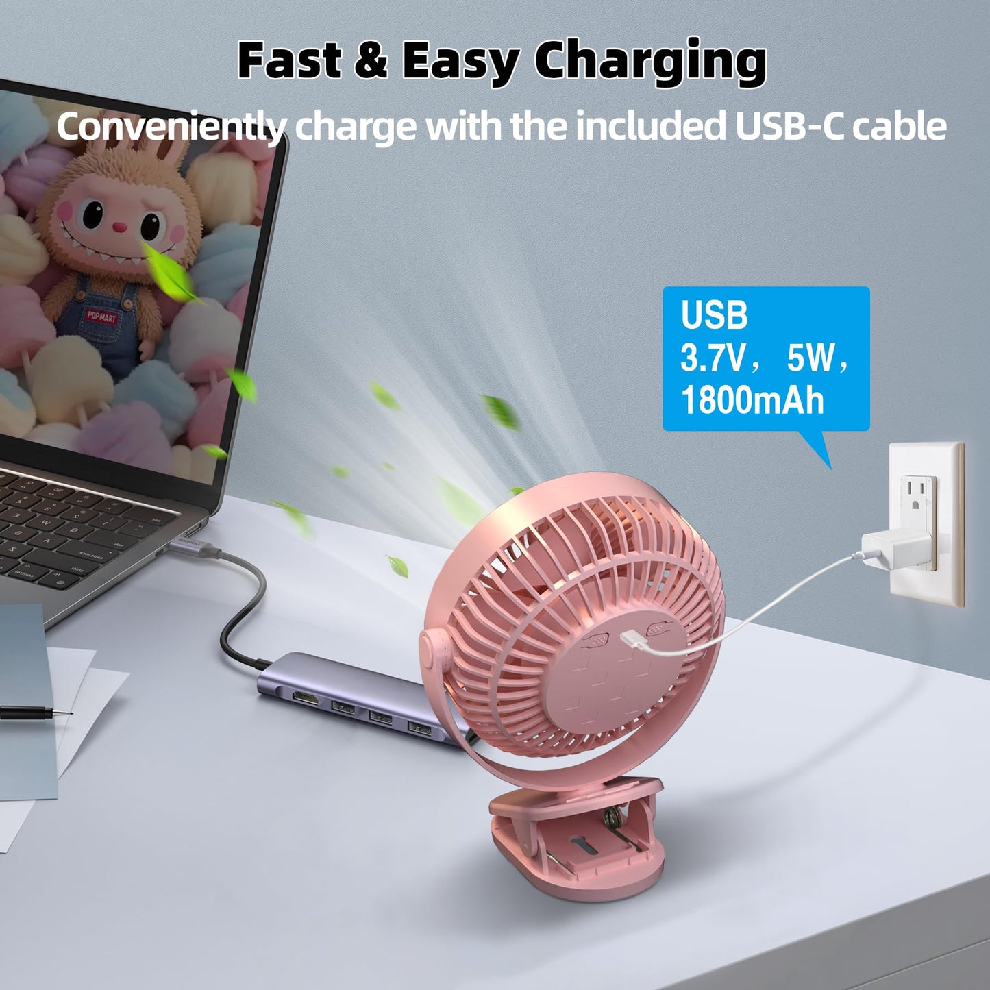 PORFRITOR Clip on Fan Rechargeable, 8-Inch Battery Operated Desk Fan, USB Fan, 5Speeds, Strong Airflow, Sturdy Clamp for Golf Cart Office Desk Outdoor