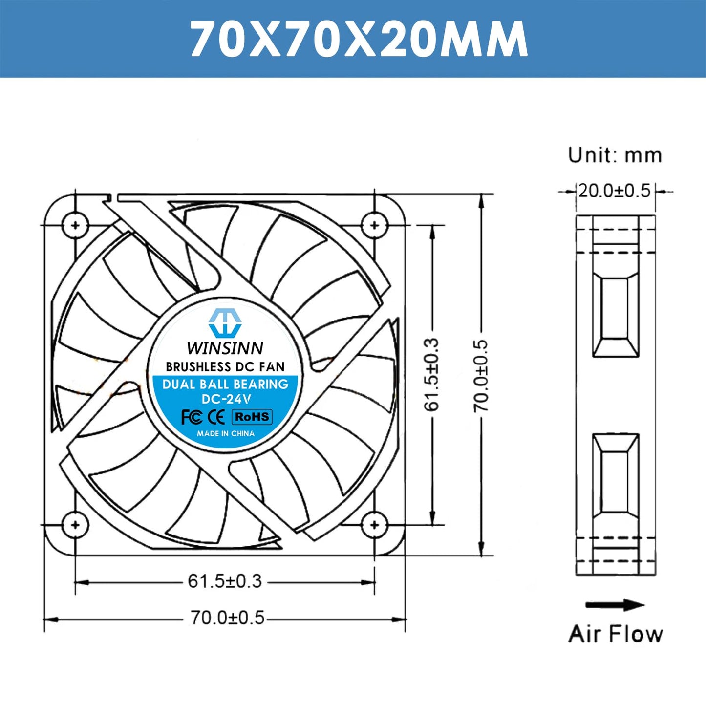 WINSINN DC 70mm Fan 24V 7020 Dual Ball Bearing Brushless Cooling 70x20mm 2PIN (Pack of 2Pcs)