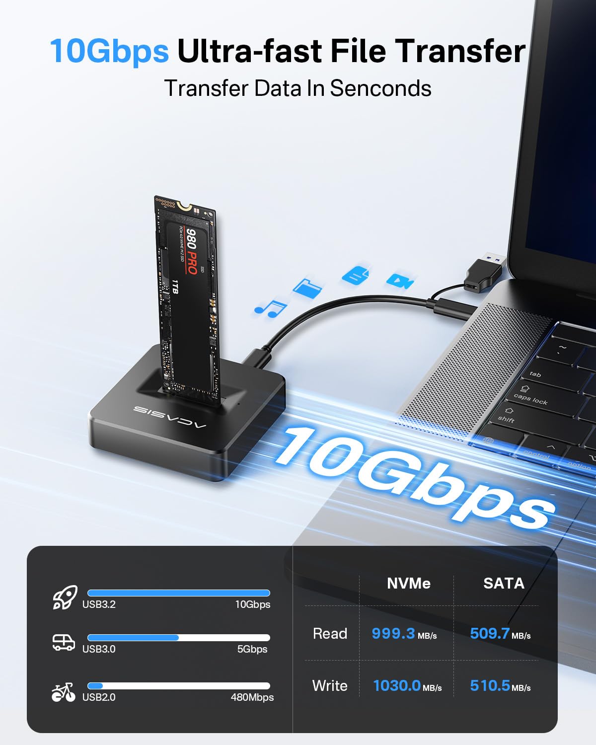 ACASIS NVME SSD Reader Adapter, Aluminium Alloy Housing Fast Heat Dissipation, NVME to USB Docking Station, M.2 SSD to USB Adapter 10Gbps, Support M.2