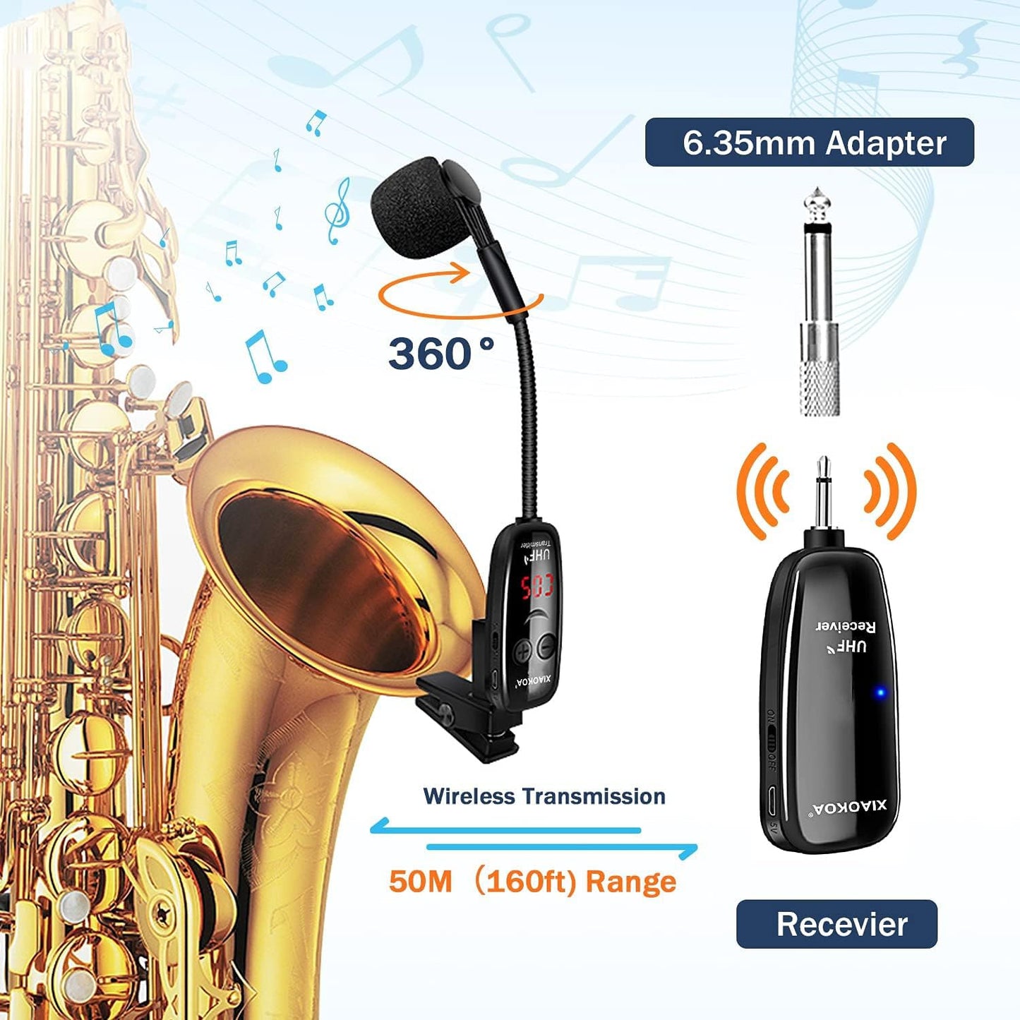 XIAOKOA Wireless Microphone for Saxophone, UHF Wireless Microphone for Musical Instruments, Wireless Receiver and Transmitter for