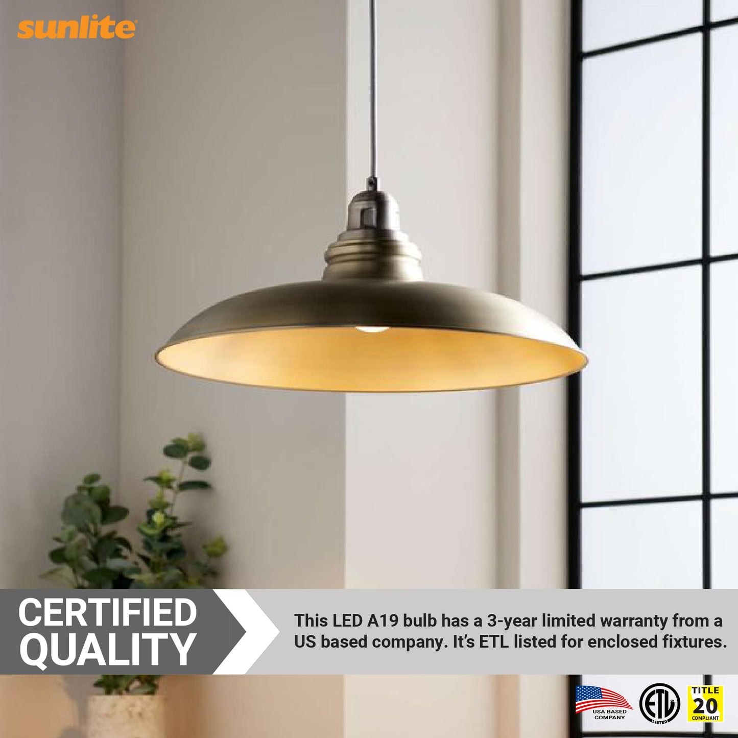 Sunlite A19 GU24 Dimmable Light Bulb, 9 Watts (60W Equivalent) 800 Lumens, 2 Prong LED Twist and Lock Base, 90 CRI, ETL Rated for Enclosed Fixtures