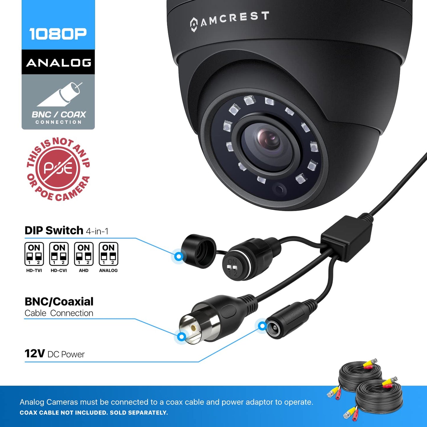 Amcrest Analog Outdoor Security Camera, Dome 2MP 1080P @ 30fps, Quadbrid HD-CVI/TVI/AHD, 98ft Night Vision, IP67 Metal, 129° FOV, Black (Not an IP