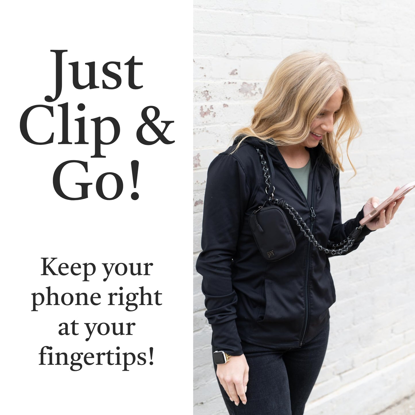 Save the Girls Active Twin Rope Clip and Go Phone Strap (Black) - Cell Phone Lanyard for Life on the Move - Crossbody Phone Strap Chain with Zipper