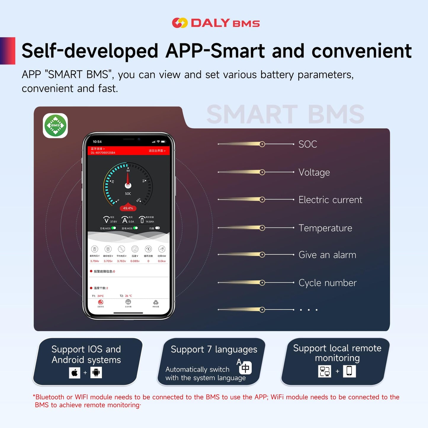DALY Smart 13S BMS 48V 60A with WiFi Module and CAN 485 Communication Protection Board for Li-ion Lithium Battery Pack(Li-ion 13S 48V，60A)