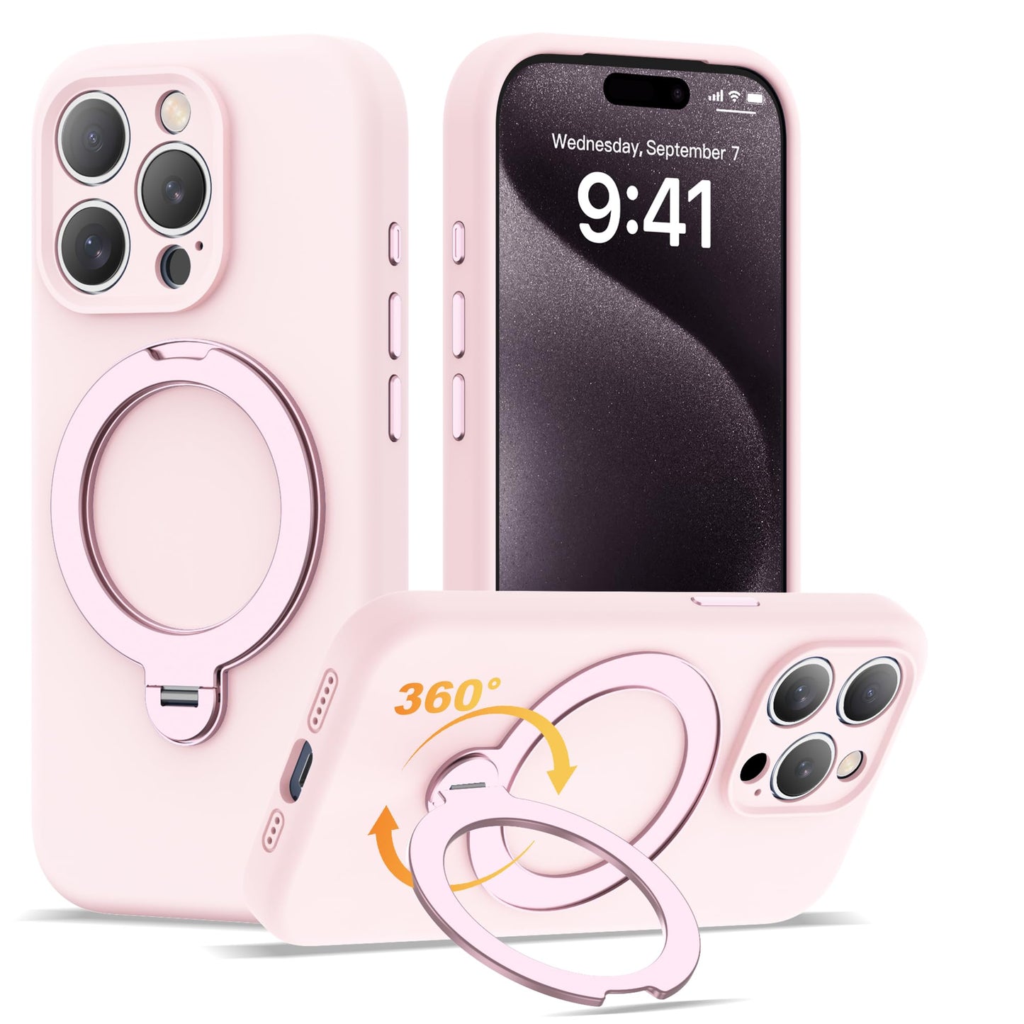 LEKMOTIN Compatible with iPhone 15 Pro Case 6.1'' with 360 Spin Magnetic Ring Stand[Compatible with Mag-Safe] Soft Liquid Silicone 15 Pro Case for Men