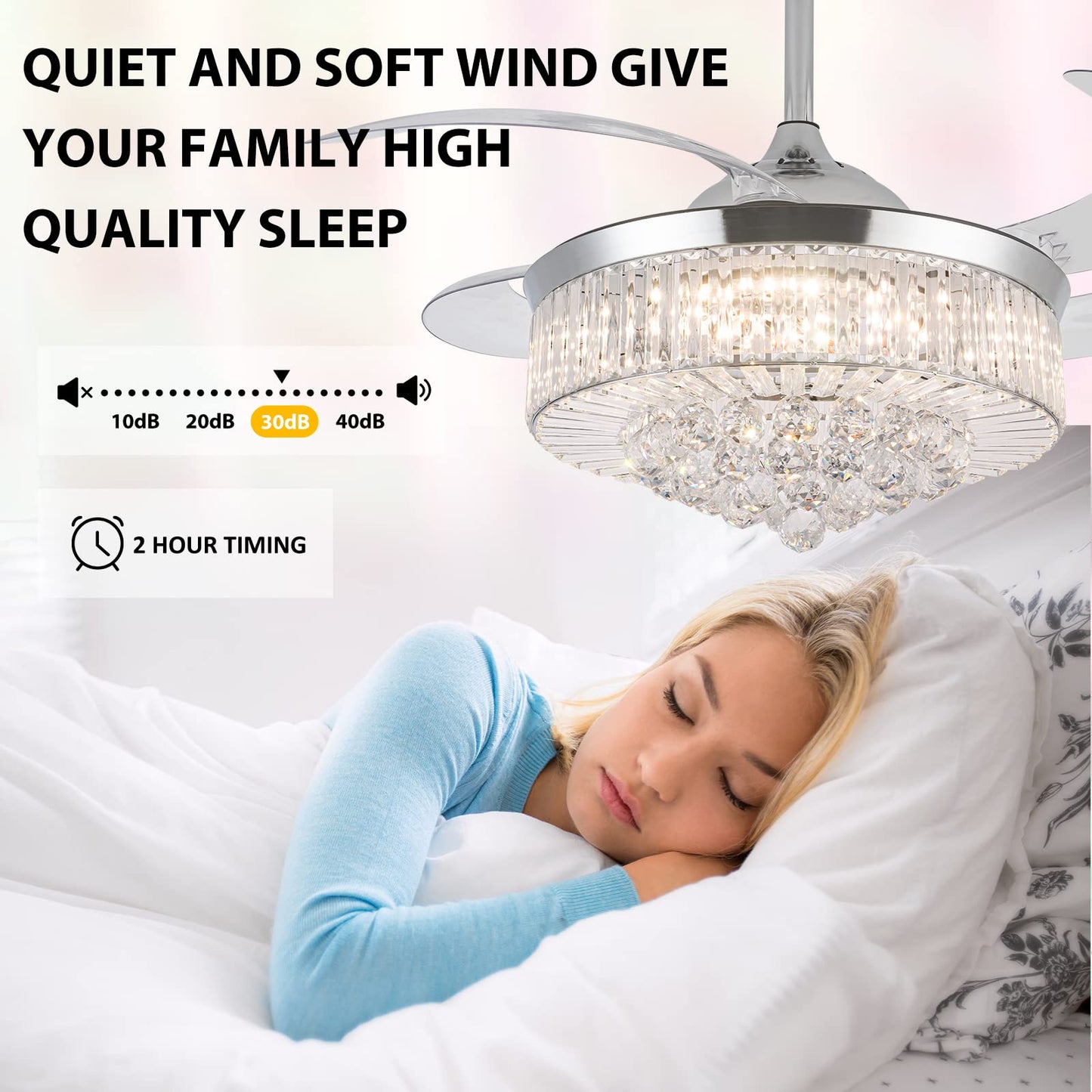 DatingDay 36" Invisible Ceiling Fan Chandelier Light,Modern Crystal Ceiling Fan Light Remote Control 4 Retractable ABS Blades for Bedroom Living Room