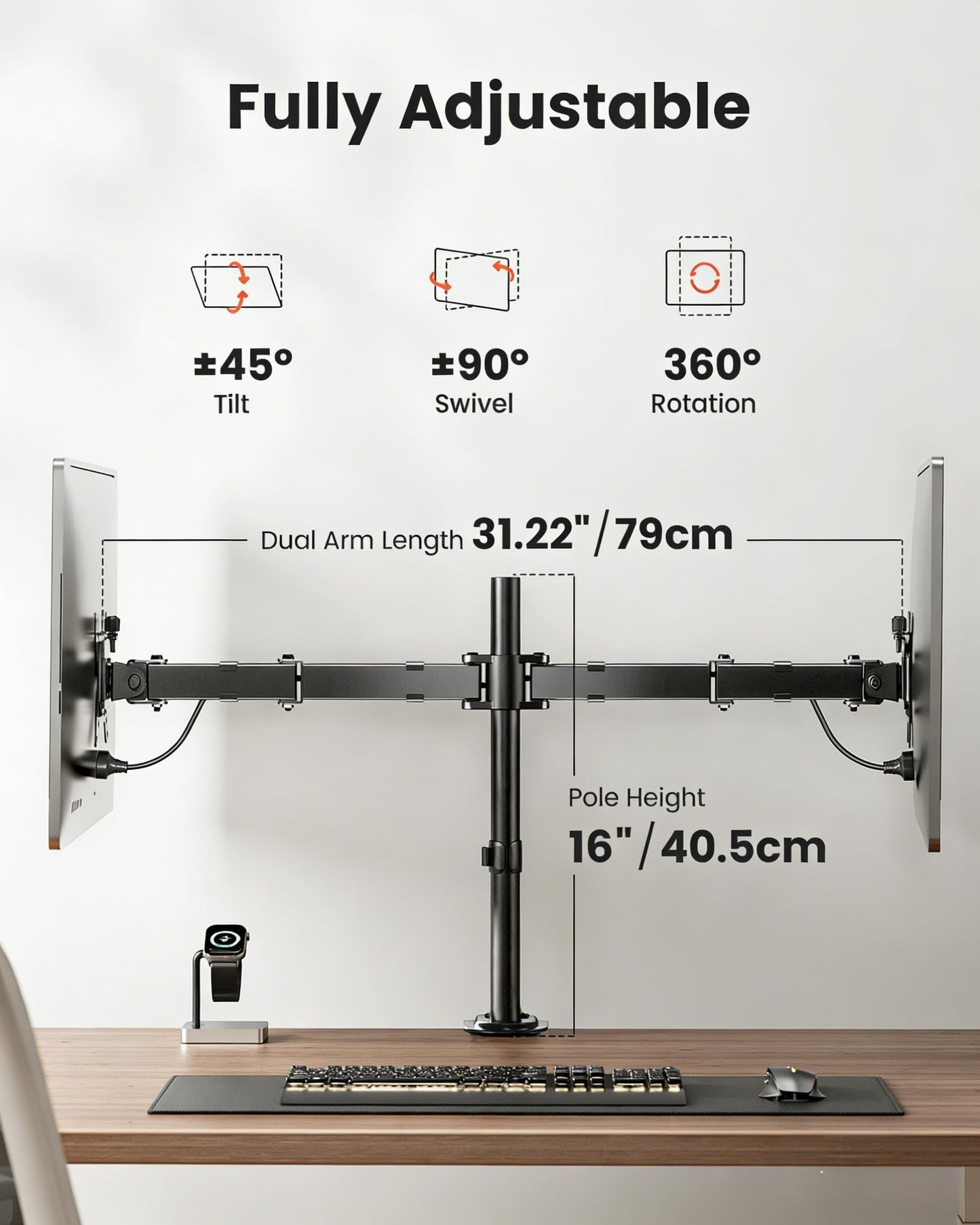 ErGear Dual Monitor Stand, Heavy Duty Adjustable Monitor Desk Mount for 2 Screens up to 32 Inches, Fully Adjustable Height, Tilt, Swivel, Rotate