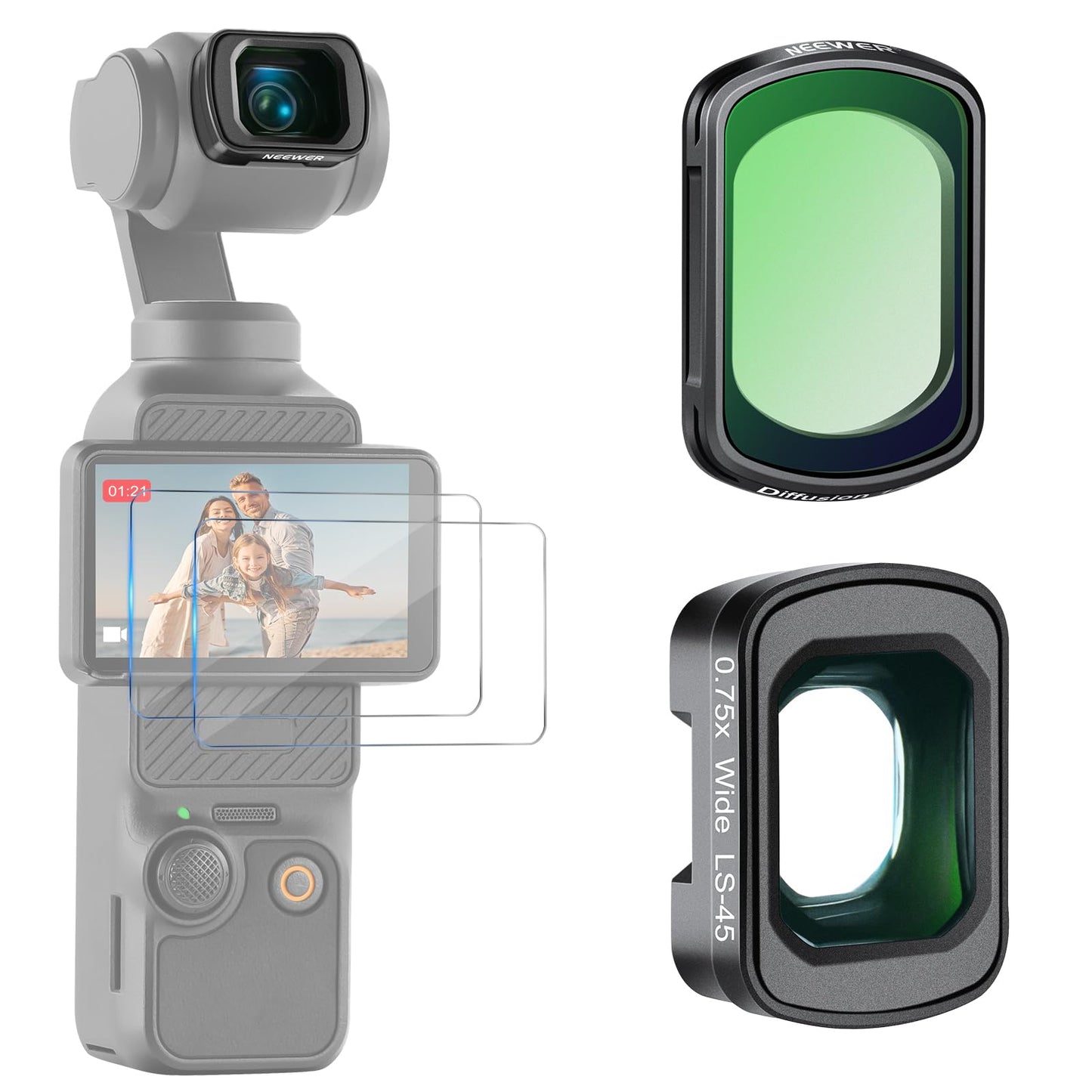 NEEWER 1/4 Black Diffusion Filter & Wide Angle Lens Compatible with DJI Osmo Pocket 3 Creator Combo Accessories, 108° FOV, Dreamy Cinematic Effect