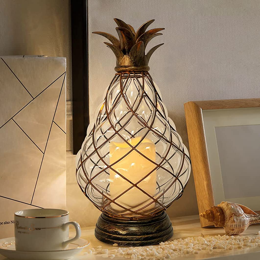 MOZEAL 13" Outdoor Glass Pineapple Lantern,Ip44 Waterproof,6 Hours Timer,Decorative Candle Lantern,with Flameless Candles,Battery Operated,for Front