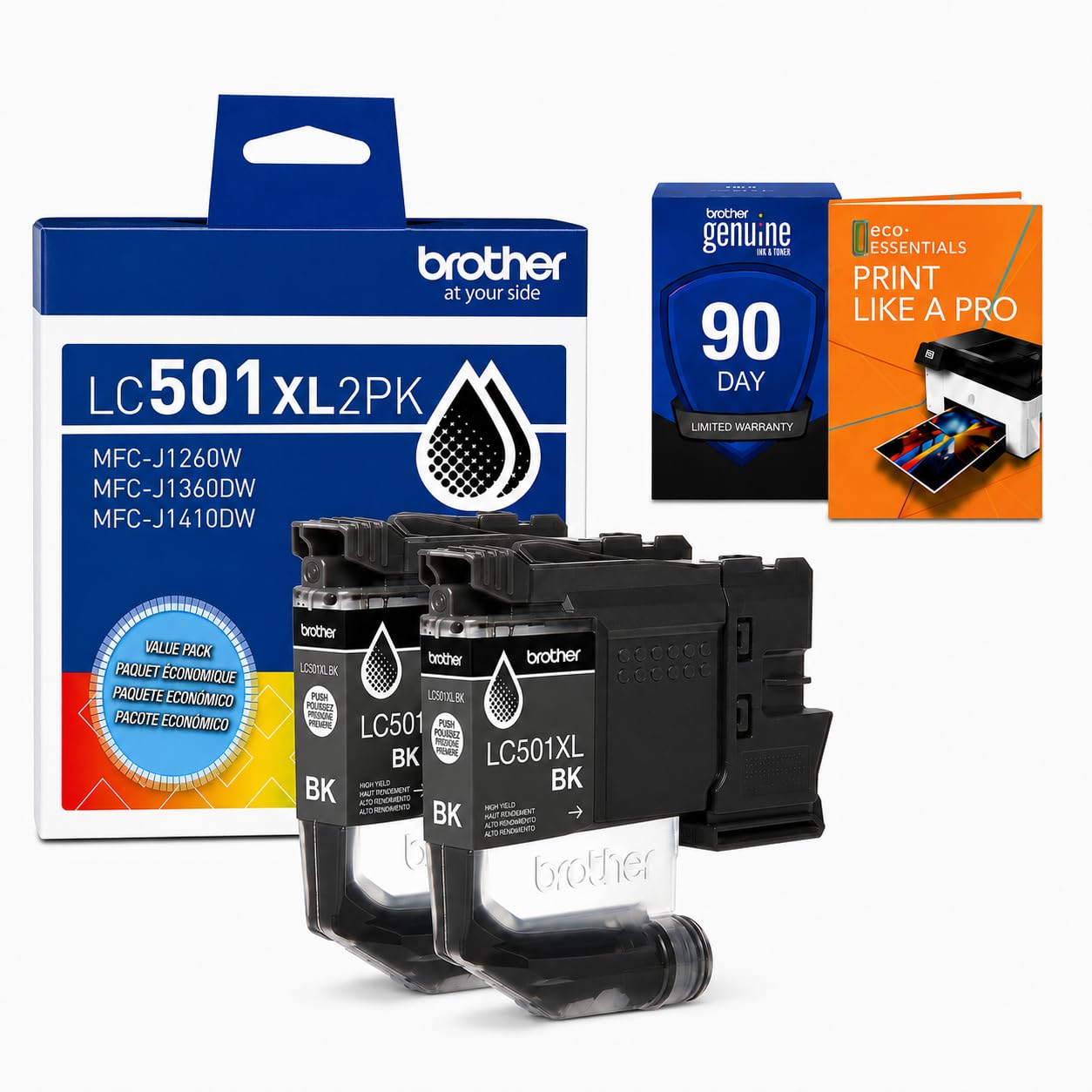 Brother Genuine LC501XL 2-Pack Black High Yield Ink Cartridge Bundle with Deco Essentials Printer eBook for MFC-J1260DW, MFC-J1360DW, MFC-J1410DW