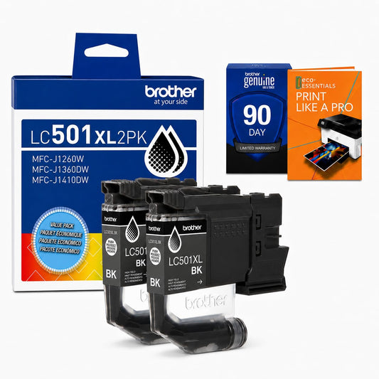 Brother Genuine LC501XL 2-Pack Black High Yield Ink Cartridge Bundle with Deco Essentials Printer eBook for MFC-J1260DW, MFC-J1360DW, MFC-J1410DW