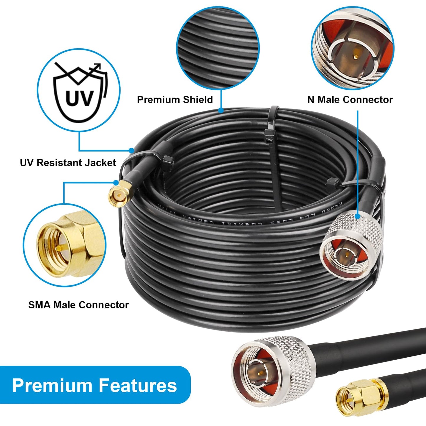 MOOKEER RG58 N Male to SMA Male Cable - 35FT Low Loss SMA to N Cable 50 Ohm for WiFi Router,GPS Receiver,Antenna,Signal Booster Use