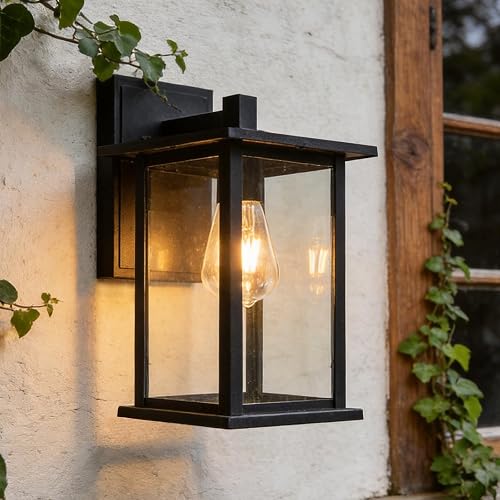 Directlux Outdoor Wall Light Fixtures,Waterproof Exterior Porch Sconces with E26 Sockets and Glass Shades, Modern Textured Black (8 inch)